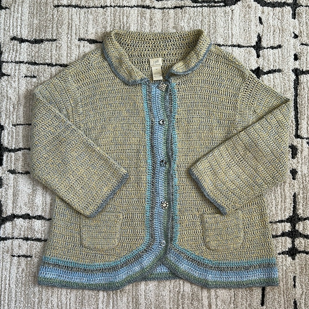 J. Jill Linen-Cotton Crocheted Collared Cardigan, Size M